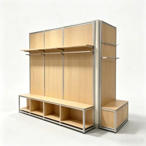 Modular Silver Frame Commercial Display Stand with Shelving Hanging Rails and Base Compartments for Upscale Shop