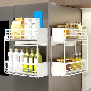 Moveable Double Tier Magnetic Fridge Shelf Pull Out Seasoning Storage Rack Magnet Organizer for Refrigerator