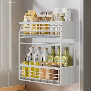 Multi Functional Carbon Steel Magnetic Refrigerator Spice Holder Kitchen Wall Mounted Double Tier Non Folding Modern Metal