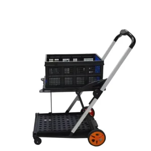 Multi purpose Plastic Foldable Shopping Cart Hands Mobile Four Wheels Two Tier Hand Cart Trolley for Kitchen Restaurant