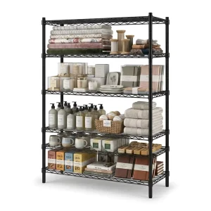 NSF ISO14001 Black Coated Carbon Steel Metal Display Shelving Multi Layer Storage Rack For Retail Shop Boutique Goods Display
