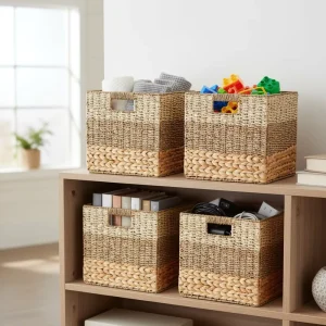 Natural Holder Hand-woven Closet Organizer Collapsible Wicker Storage Cube Bins Paper Rope Basket with Handle