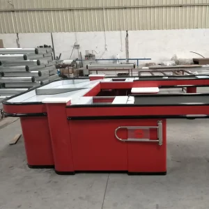 New Design Motorized Checkout Counter with Steel Belt for Supermarket Retail Store or Reception Desk in Wood Color
