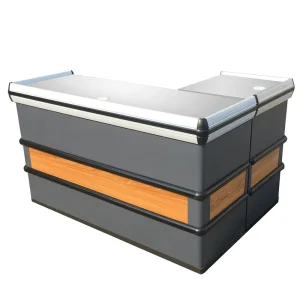 New Design Supermarket Cashier Table Checkout Counter Cold Rolled Steel Anti Rust 2 Compartments 850mm Height 1200-1800mm Width