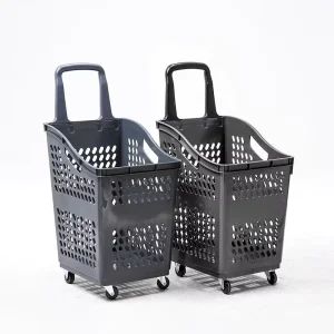 New Style Plastic Supermarket Shopping Trolley Roller Basket with Four Wheels Customized Colors