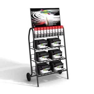 OEM Modern Portable Metal Cart Car Battery Display Stand Rack with 2 Wheels Powder Coated Eco Friendly