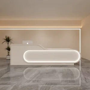 OEM ODM Custom Made Modern LED Cashier Register Reception Desk Curved Wood Eco Friendly Anti Rust Salon Counter Boutique Office