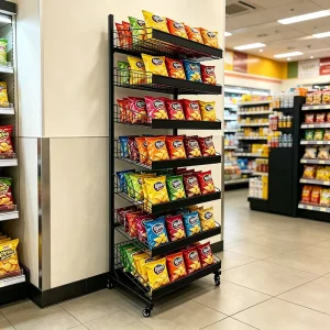 OEM ODM Factory Custom Supermarket Floor Metal Wire Snack Display Stand Large Capacity Potato Chip Display Rack with Wheels