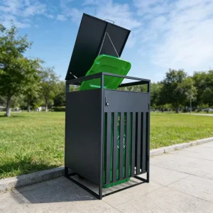Outdoor Garden Galvanized Steel Rolling Cover Garbage Bin with Lid Black Water Resistant