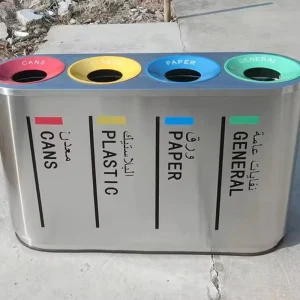 Outdoor Plaza Shopping Mall Standing Cylindrical Four Section Trash Bins Stainless Steel Eco Friendly Waste Containers