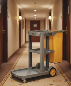 PP Plastic Heavy Duty Locking Janitor Cart 300 Lb Capacity Rust Resistant 4 Swivel Wheels 3 Shelves Indoor Outdoor Use