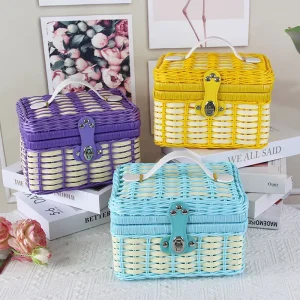PP Tubing Woven Rattan Gift Basket Suitcase Handmade Storage Organizer Box with Lid for Wedding Party Decoration