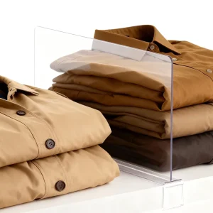 PVC Shelf Divider with Integrated End Clips for Home Closet and Retail Clothing Display