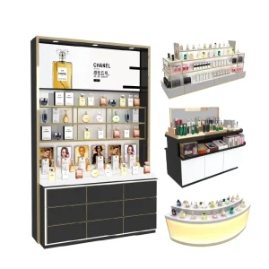 Perfume Shop Design Cosmetic Store Fixtures Cabinet Wooden Rack with LED Lighting for Retail Shop Interior Design