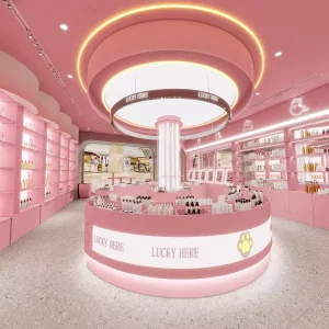 Pink Pet Boutique Cosmetic Shop Fitting Circular Island Display Counter LED Wall Shelving Complete Retail Store Fixture