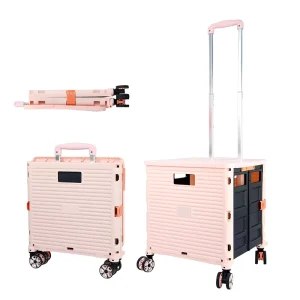 Pink Plastic Four-Wheel Foldable Roll Container Shopping Trolley Cart with Storage OEM Tools