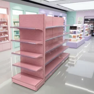 Pink Single Sided Supermarket Shelf Steel Wall Display Rack Retail Shelving System Pink Island Shelving Display