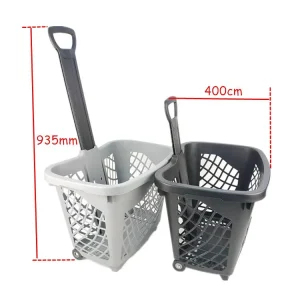 Plastic Supermarket Shopping Basket Two Wheel Universal Pulley Rod Frame Dragging Trolley Large Capacity Adult Model Shopping