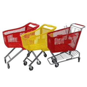 Plastic Supermarket Shopping Cart Trolley with Polyurethane Wheels China Origin