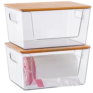 Premium Transparent Plastic Storage Bins with Bamboo Lids for Efficient Kitchen Organization and YOUR LOGO Personalization