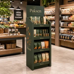 Printed Cardboard Multi tier Display Stand for Packaged Snack Food Floor Shelf Display Rack