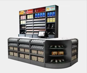 Product Checkout Counter Wooden Cashier Check Table Sample Design Stone Grain Wood Materials Grocery Shop Counter Rz