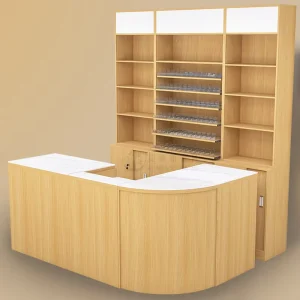 Professional Curved Wood Cashier Checkout Counter Supermarket Lobby Front Desk Glass Showcase Eco Friendly Durable Wood MDF