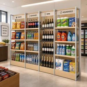 Professional Steel Wood Double Sided Supermarket Rack Industrial Gondola Shelving for Grocery