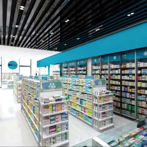 QWJYS002 B Minimalist Style Pharmacy Shelves LED Drugstore Shop Display Furniture for Pharmacy Store Design