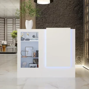 Reception Desk with Counter Colored LED Light Glass Front Retail Counter with Adjustable Glass Shelves Checkout Front Desk