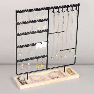 Rectangular Metal Jewelry Organizer Stand With Wooden Tray Multi Functional Display Rack for Earrings Necklaces Rings