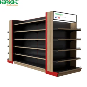 Red Striped Metal Supermarket Shelves Gondola Shelving For General Merchandise Store