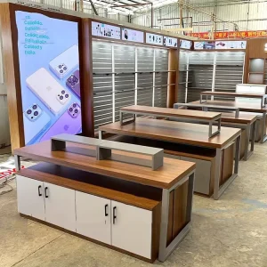 Retail Display Cabinet for Electronics Store with Painted MDF Stainless Steel Frame Glass Shelves for CCTV Phone Accessories