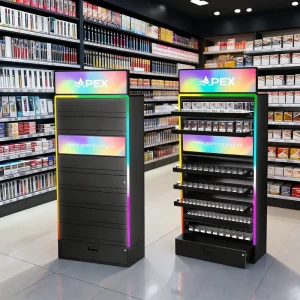Retail Smoke Shop Display Stand Supermarket Cigarette Display Rack Floor Tobacco Showcase with Storage Drawer