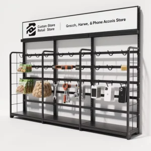 Retail Store Custom Logo Metal Floor Standing Multi-Function Display Stand for Grocery Hardware Phone Accessories