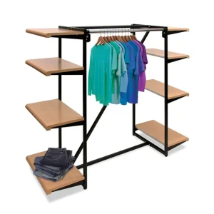 Retail Store Furniture Double Rails Wood Metal 4 Tier Shelf Rack for Clothes