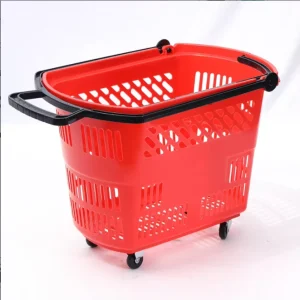 Retail Store Supermarket Rolling Shopping Basket Plastic Pull Rod Basket 20 L