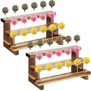 Reusable 2 Pack Acacia Wood Rectangular 3 Tier Cake Pop Stand Treat Bags Lollipop Sticks Weddings Birthdays Baby Showers