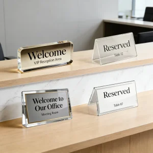 Reusable Acrylic Desk Sign Double-Sided English Text Customizable for Retail and Conference