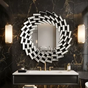 Round Sunburst Geometric Wall Mirror Multi Faceted Bevelled Frame Modern Decorative Accent Mirror