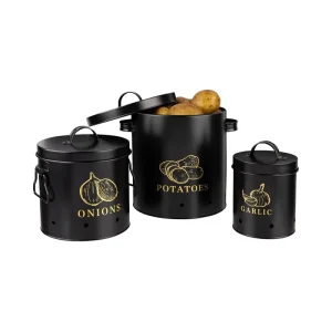Rustic Farmhouse 3 Piece Eco Friendly Iron Bin Set Black Kitchen Food Storage Canisters Multifunction Aerating Holes Potato