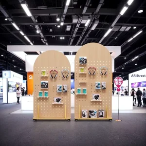 SHOWSKY Exhibition Hall Perforated Board Display Rack Adjustable Layer Spacing Movable Floor Standing 18mm Thickness Commercial