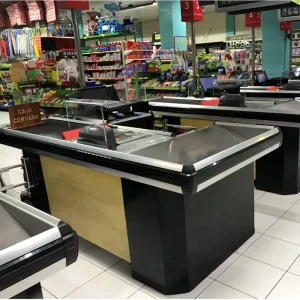 Shopping Mall Wood Color Motorized Checkout Counter with Belt