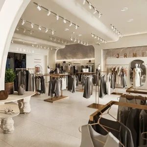 Showcase Clothing Store Fixture with Recessed LED Alcove Display and Gold Arch Mirror Turnkey Luxury Boutique Set Fashion Brand