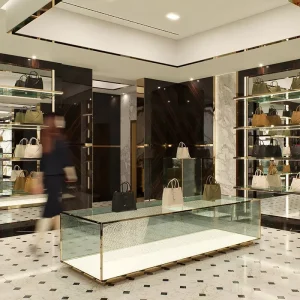 Showcase Flagship Luxury Retail Interior Design with Gold Glass Wall Shelf Marble Floor Complete High End Store Fixture for Mall