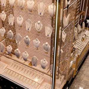 Showcase High End Jewellery Shop Fixture with Quilted Velvet Display Case Black Marble Base Luxury Store Furniture Gold