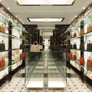 Showcase Luxury Handbag Store Furniture Gold Frame Floor to Ceiling Glass Shelf Flagship Boutique Display Fixture for Mall