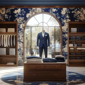 Showcase Luxury Men Suit Store Furniture with Gold Frame Glass Shelf and Blue White Art Wall Panel Menswear Boutique Fixture Set
