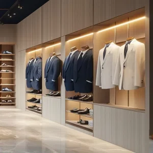 Showcase Luxury Menswear Store Interior with Blue Floral Art Panel Gold Display System Full Set Men Fashion Boutique Furniture