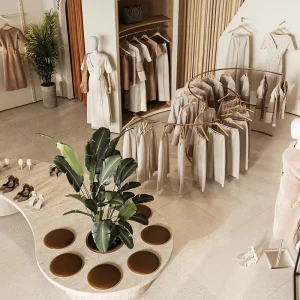 Showcase Luxury Women Boutique Furniture with Wall Alcove Display and LED Warm Light Complete Ivory Fashion Store Fixture Set